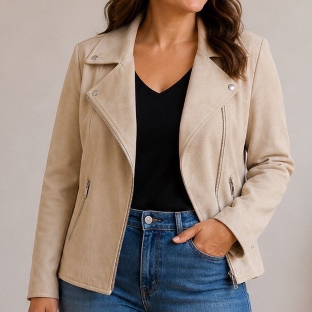 Good Heart Women's Medium Beige Faux Suede Moto Jacket Soft Biker Quiet Luxury